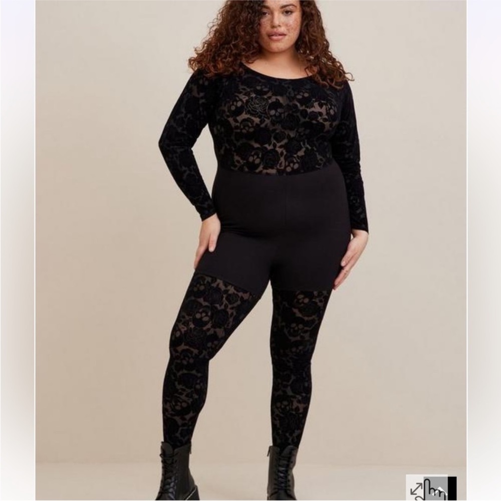 Torrid Black Full Length Flocked Floral Skull Premium Catsuit NWT